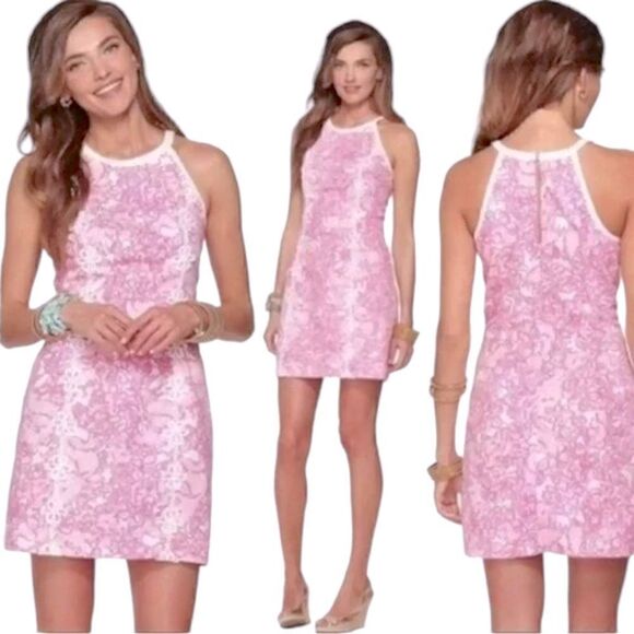 Lilly Pulitzer She’s a Fox Pink Floral High Neck Pearl Shift Dress 4 - Picture 1 of 8